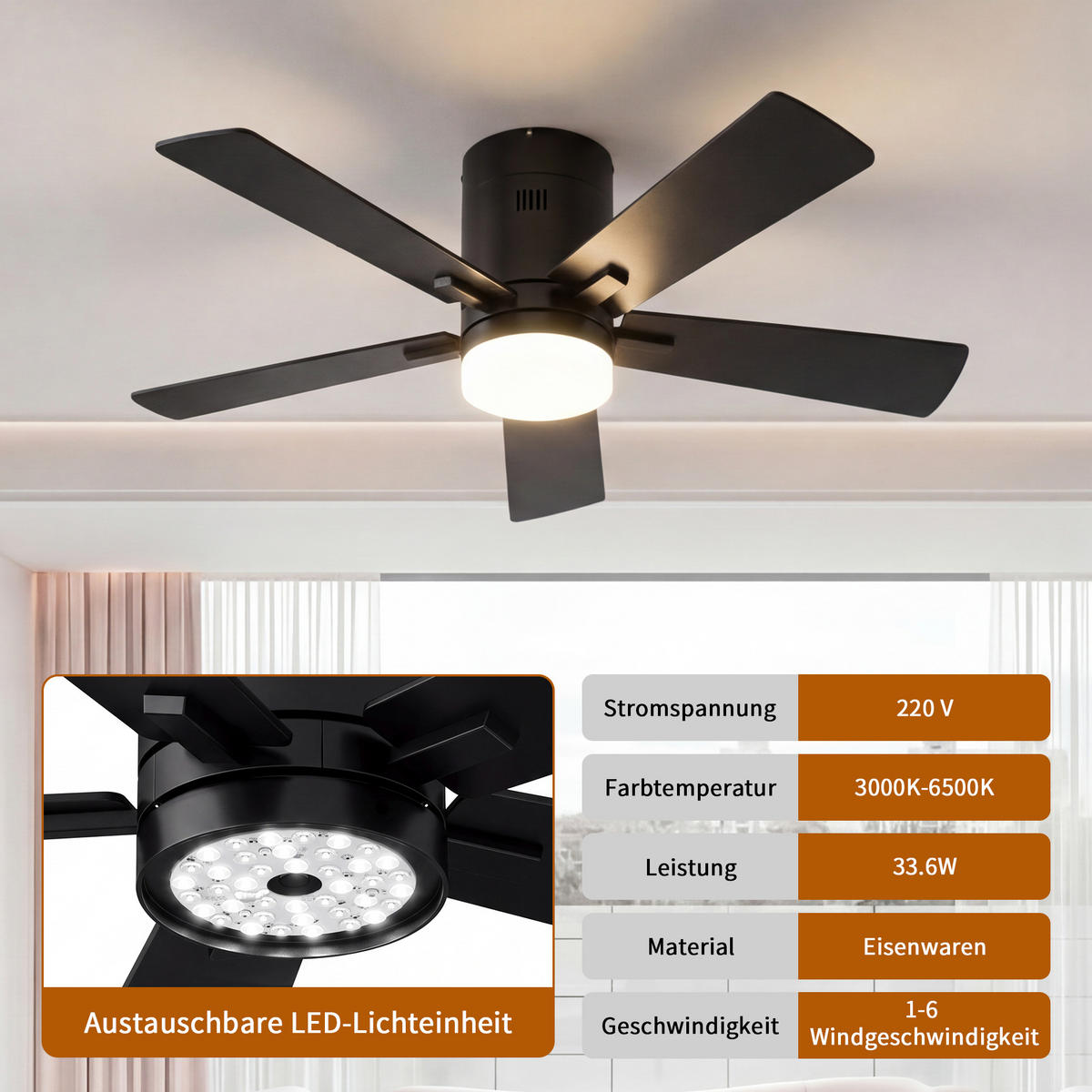 DECKENVENTILATOR mit LED-Licht, 106,6 cm, Schwarz, 6 Stufen & Timer - Schwarz, Metall (106.6/106.6/28cm) - EuroLiving
