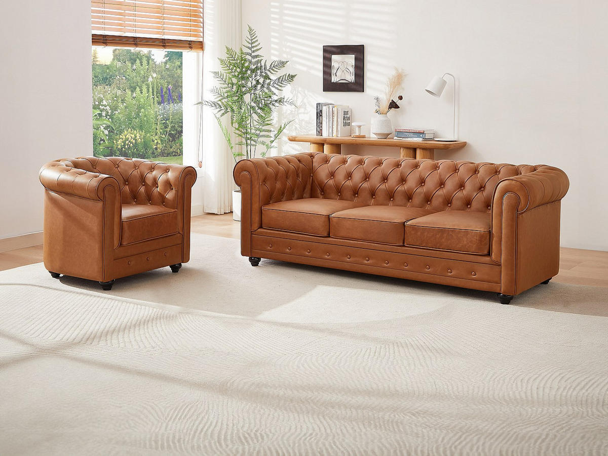 SOFA 3-Sitzer & Sessel - Rindsleder - Camelfarben - CHESTERFIELD - Braun, Leder (205/72/88cm) - Vente-Unique