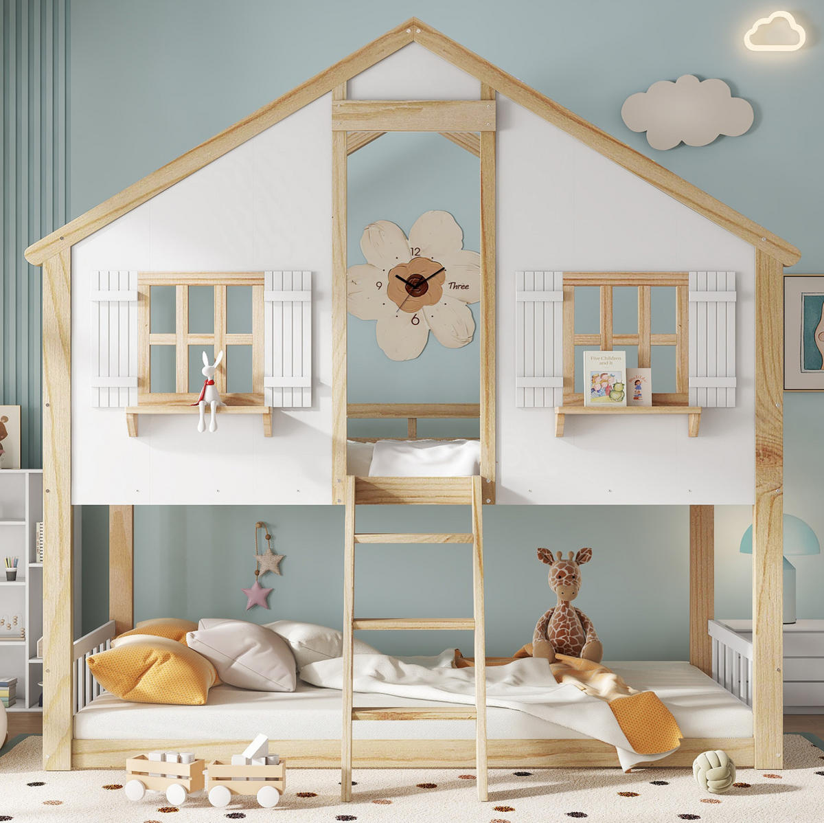 ETAGENBETT mit Fenster und Dach, Weiß/Natur, 90/200 cm, ohne Matratze - Weiß, Holz (90/200cm) - MIVRAY