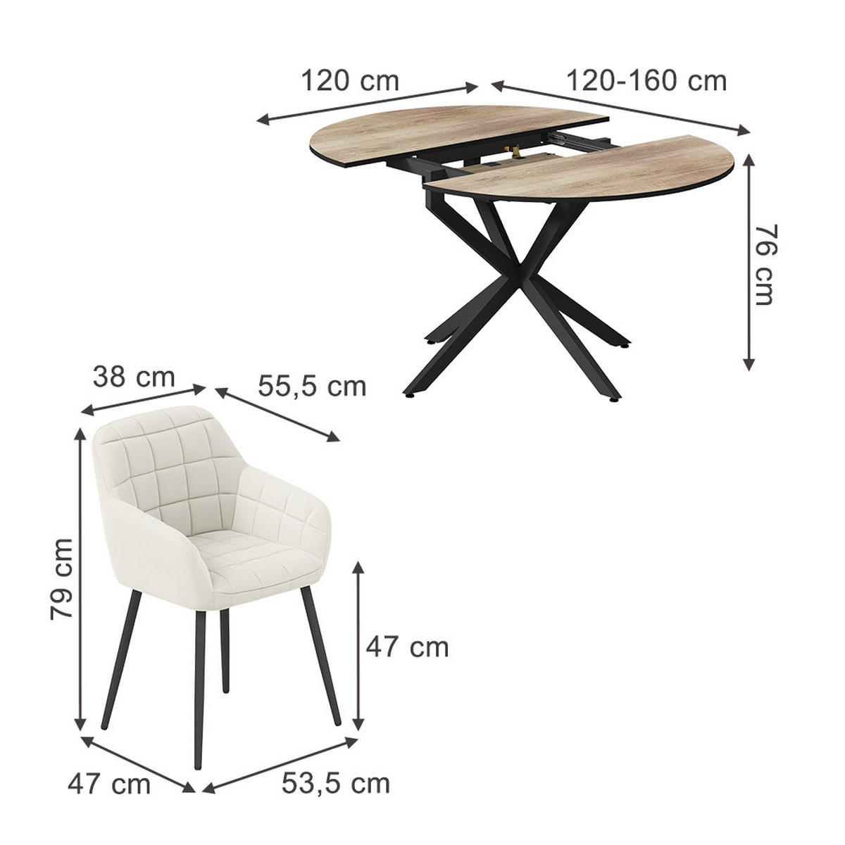 SÚPRAVA JEDÁLENSKÉHO STOLA Loyd, Rustikálny dub/čierna, 120 x 120 cm so 4 jedálenskými stoličkami (béžové) - divoký dub/čierna, kompozitné drevo (120/76.5/120cm) - Vicco