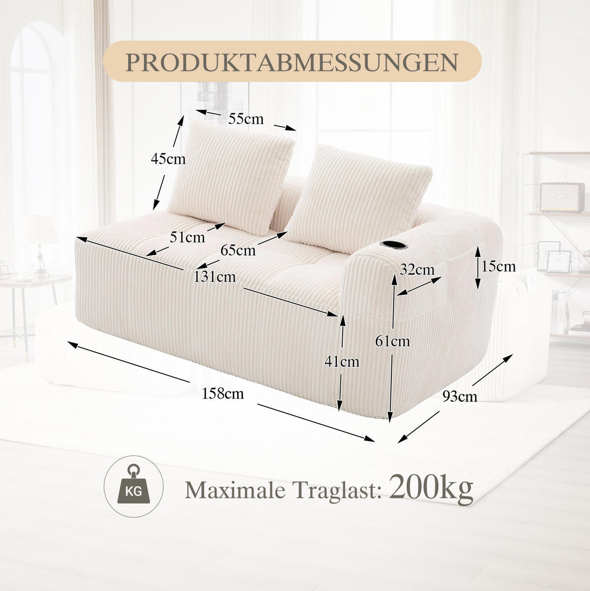 2-SITZER 158/93/61 cm Beige aus Cord mit Becherhalter - Beige, Textil (93/61/158cm) - OKMYHOME