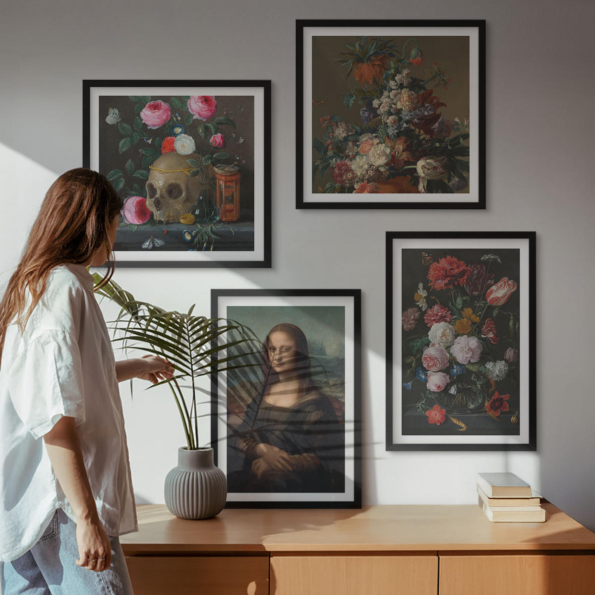 BILDER SET 4er Set - 50x50 cm & 40x60 cm Schwarzer Rahmen - Vintage Blumen Totenkopf Mona Lisa - Schwarz, Kunststoff (50/50cm) - TULUP