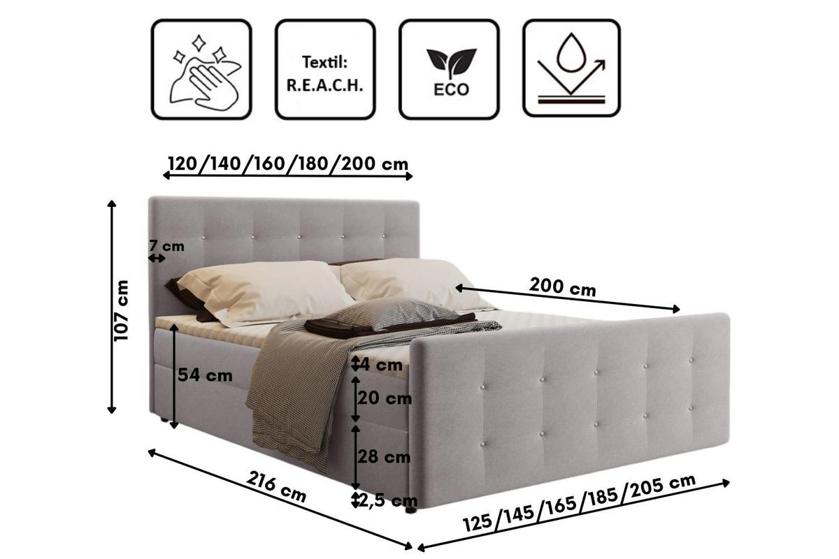 BOXBETT Mit Bettkasten Matratze Topper AMOR Hellgrau 180x200 cm H3-Bonell - Hellgrau, Holz/Textil (180/200cm) - Kaiser Möbel