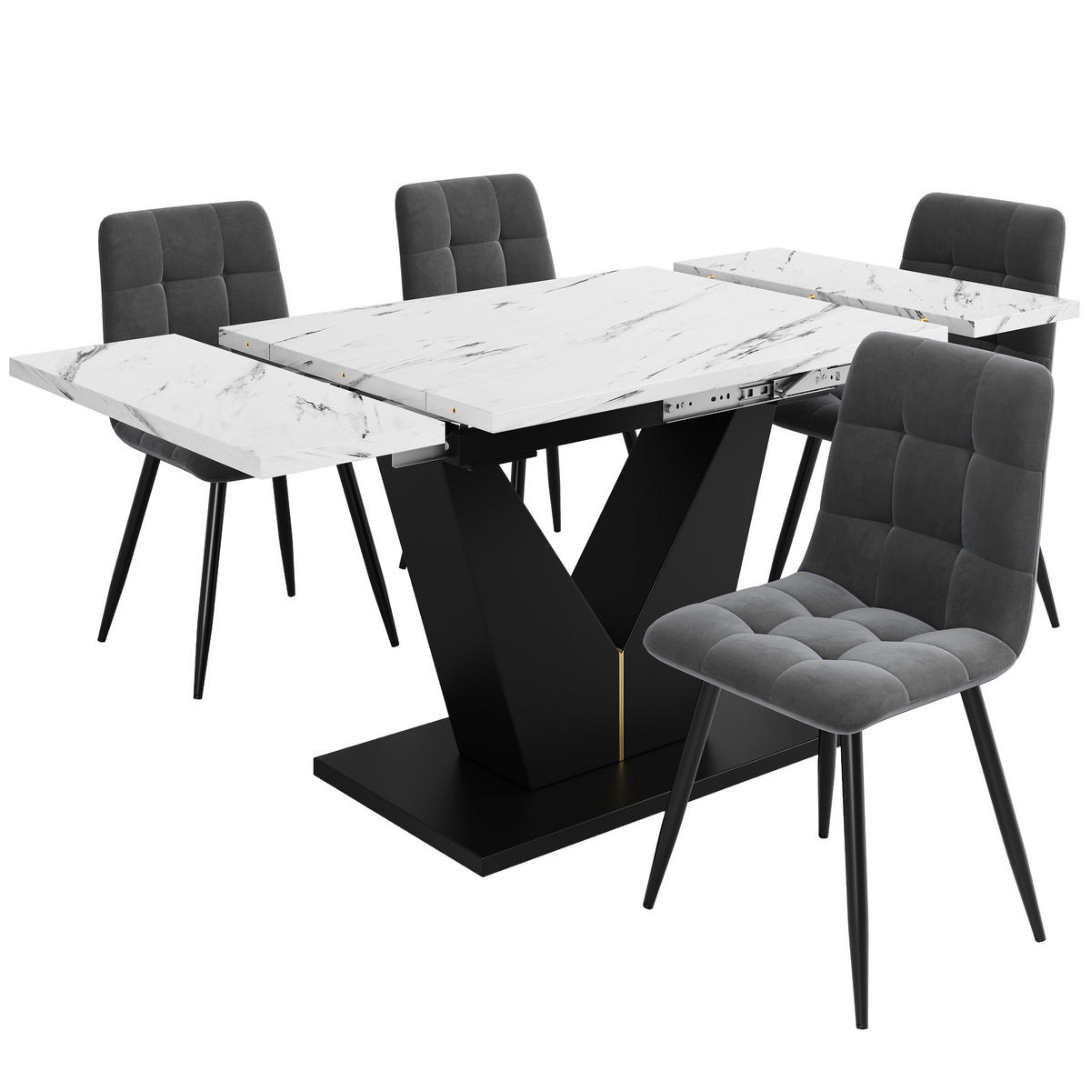 ESSTISCHSET 5-Teilig Ausziehbar, 4 Graue Samtstühle, Weiß Marmor, V-Beine Schwarz - Multicolor, Holzwerkstoff (75/75/160cm) - FLIEKS