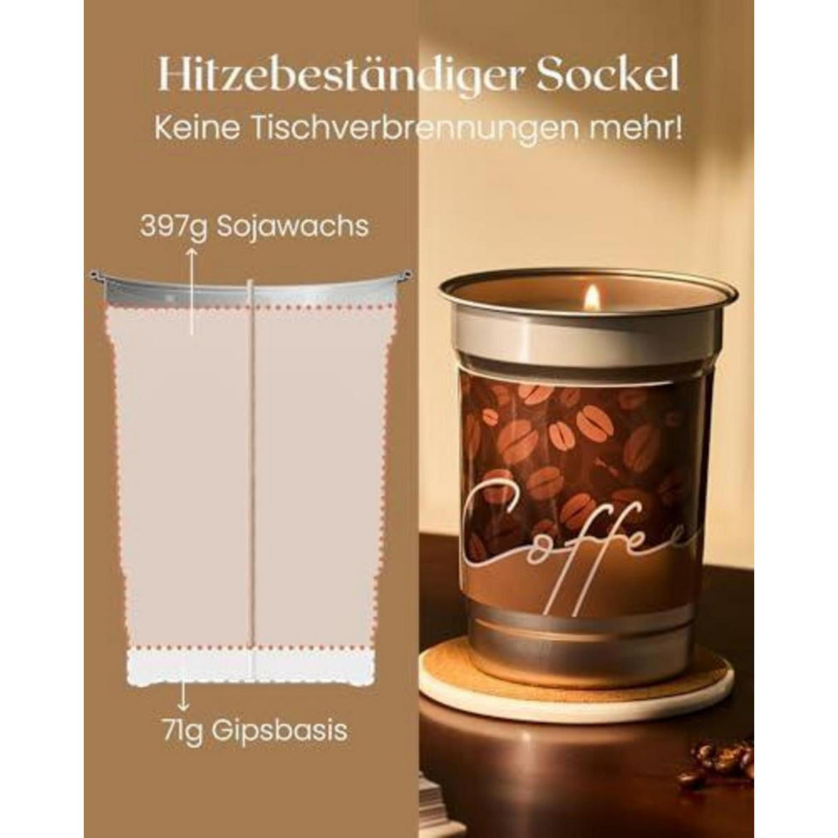 DUFTKERZE Caffe Latte 460g Sojawachs vegan Brenndauer bis 99 Std. - Braun, Glas (7cm)