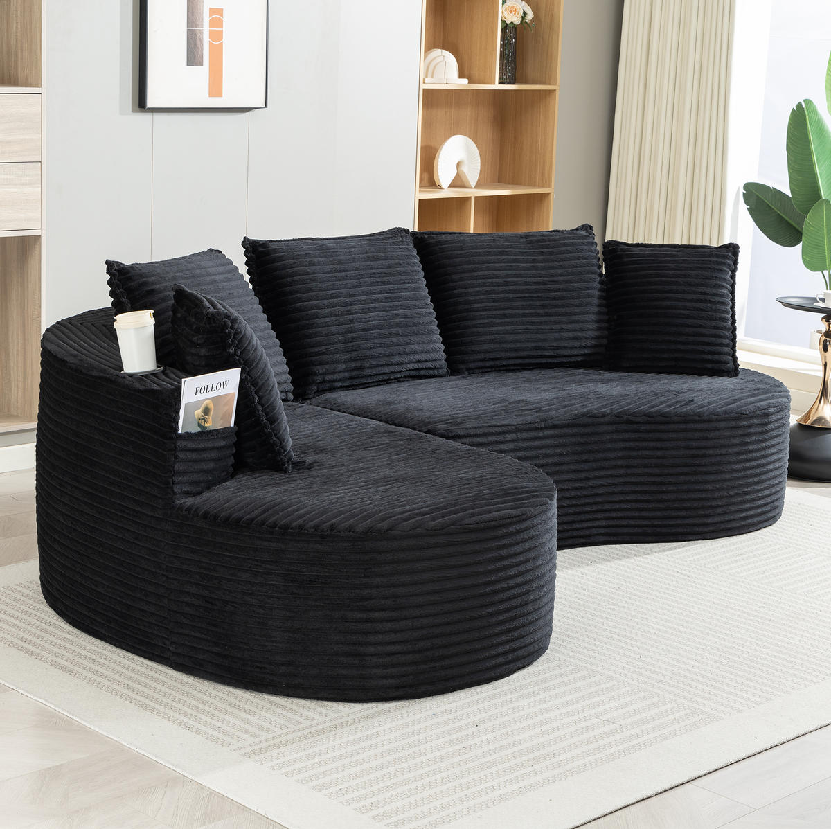 SOFA im Bogendesign 250 x 152 cm Corduroy Black - Schwarz, Textil (152/250cm) - Meubliv