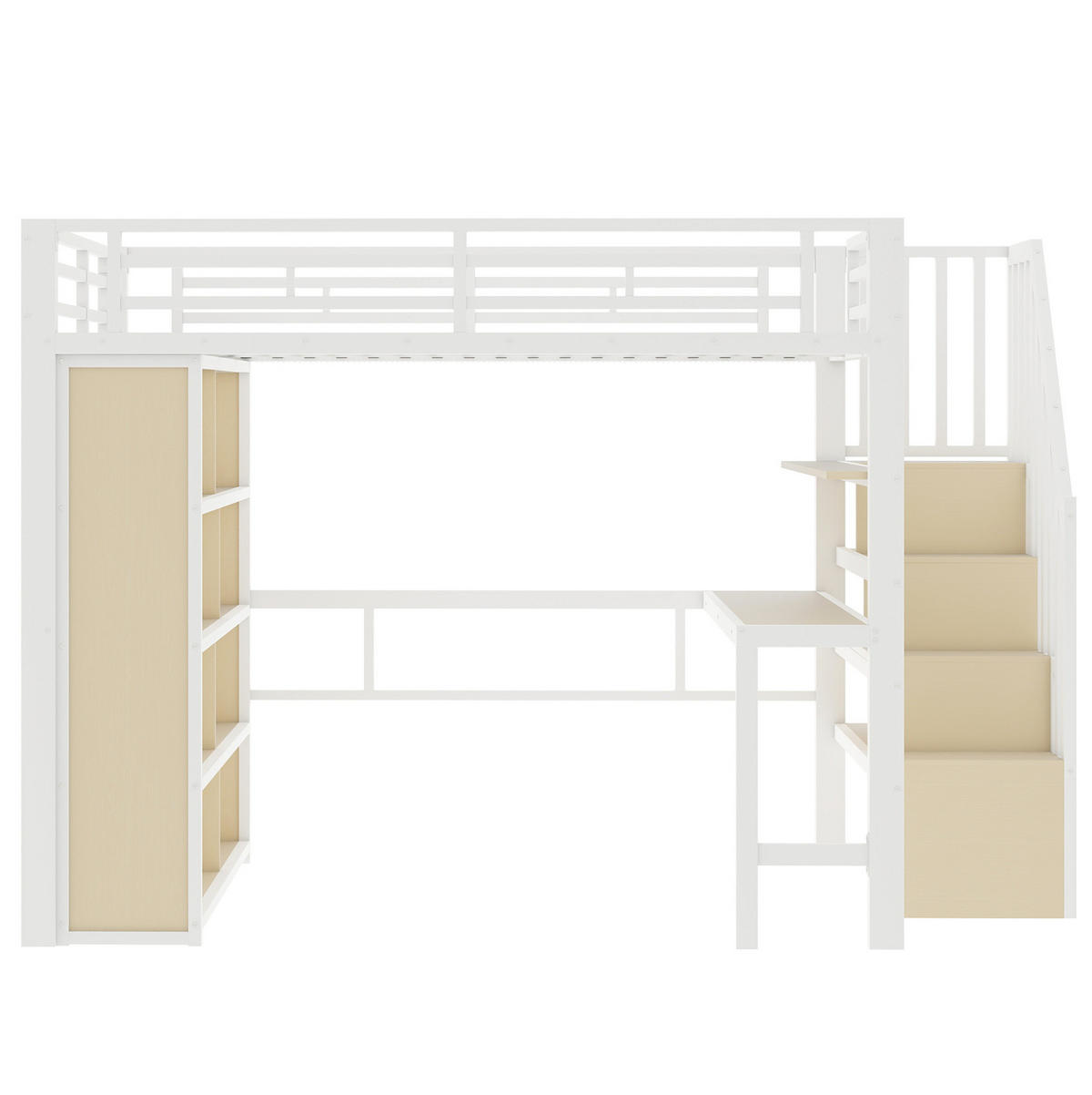 HOCHBETT 140/200 cm in Weiß mit Schreibtisch, Stauraumtreppe und LED-Beleuchtung - Weiß, Metall (140/200cm) - Flora Grace