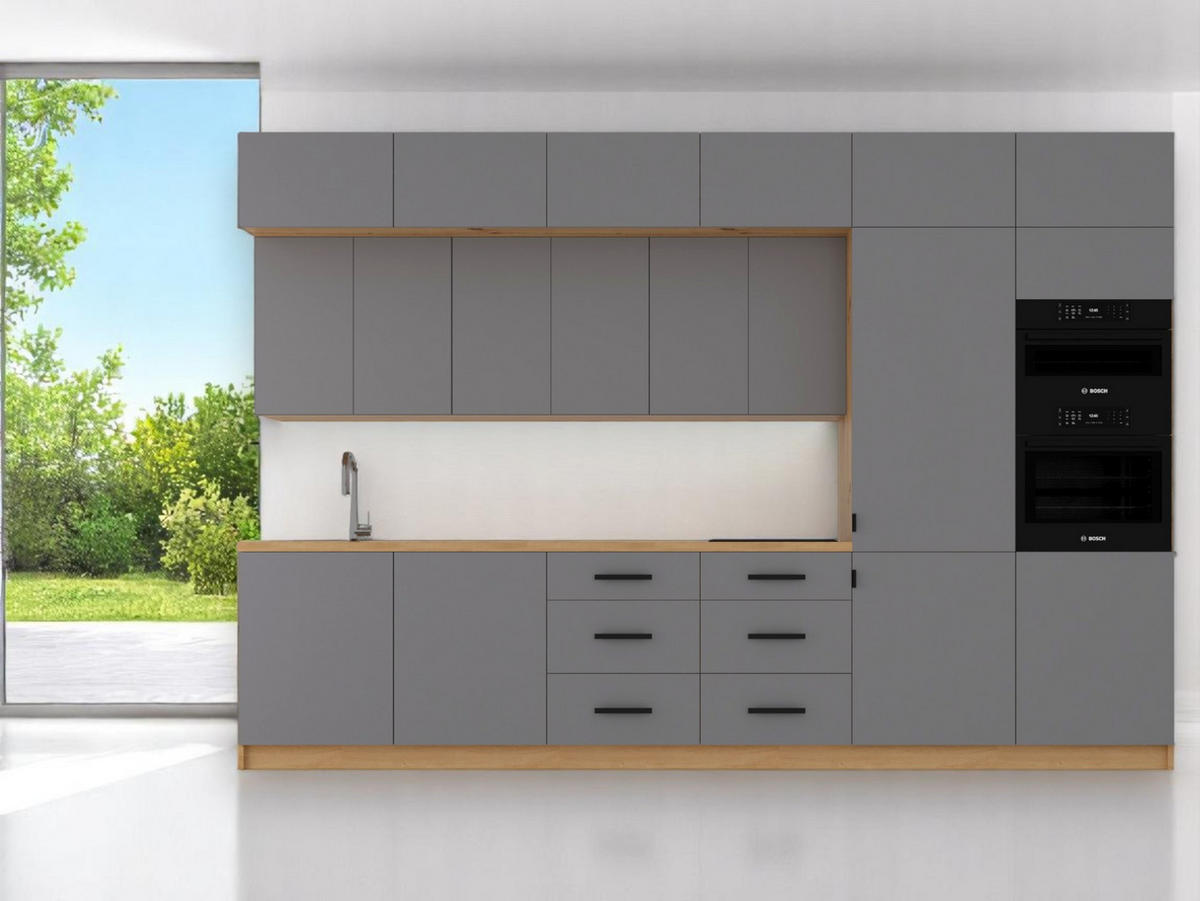 KÜCHENZEILE 360 cm - Langen K72-M360 - Beige/Schwarz, Holz/Metall (360/248/58cm)
