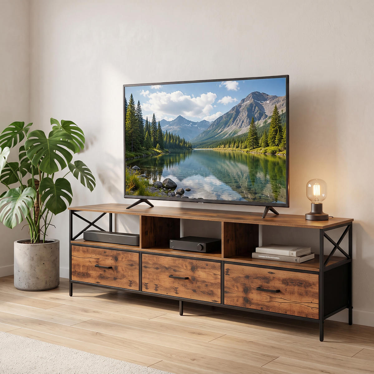 TV-LOWBOARD Industrial-Schwarz Stoffschubladen - Braun, Holzwerkstoff/Textil (147/50/40cm) - Relaxdays