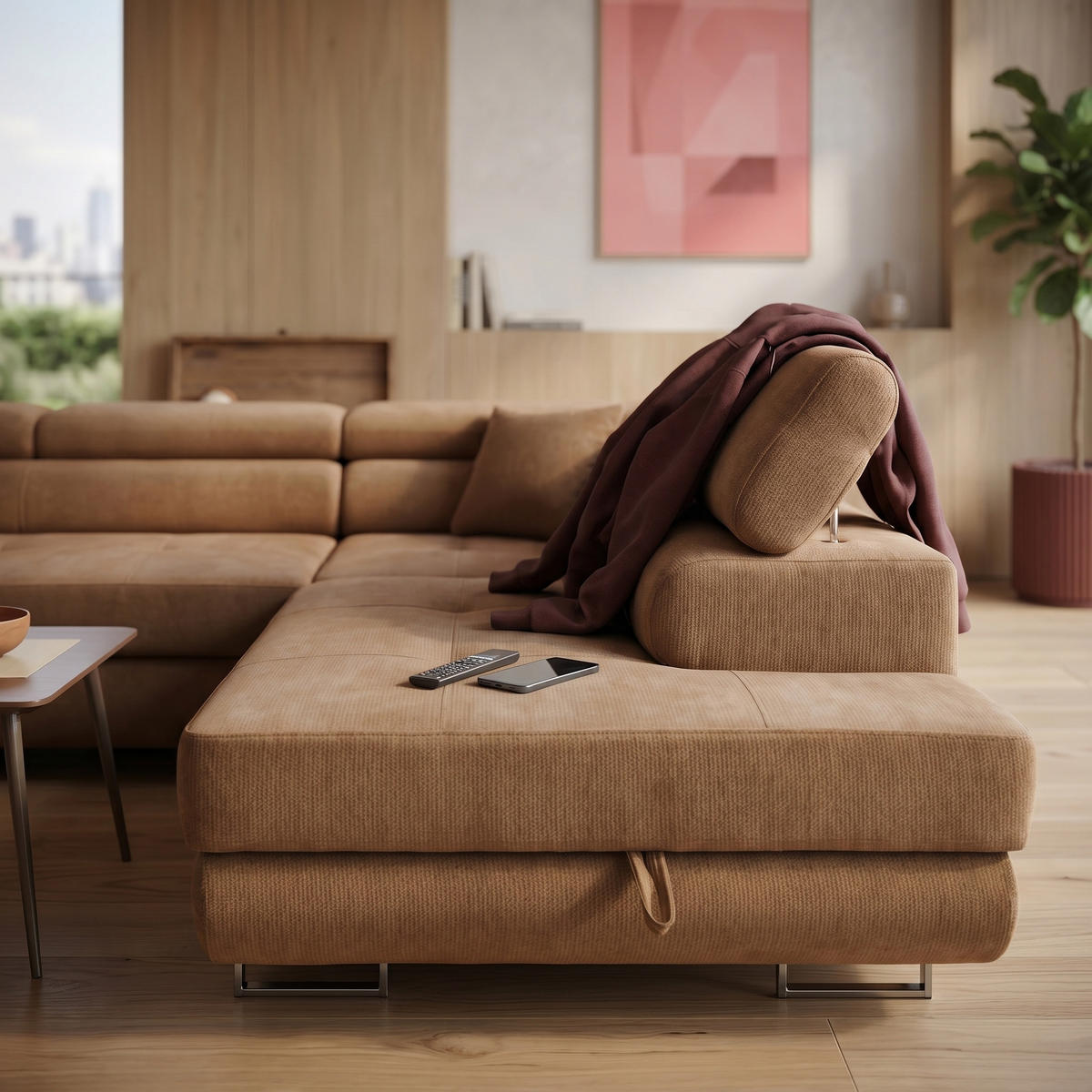 ECKSOFA U-Form WILD U Rechts mit Schlaffunktion 130x260 Chenille Braun - Silberfarben/Braun, Holz/Textil (203/90/350cm) - Muffo