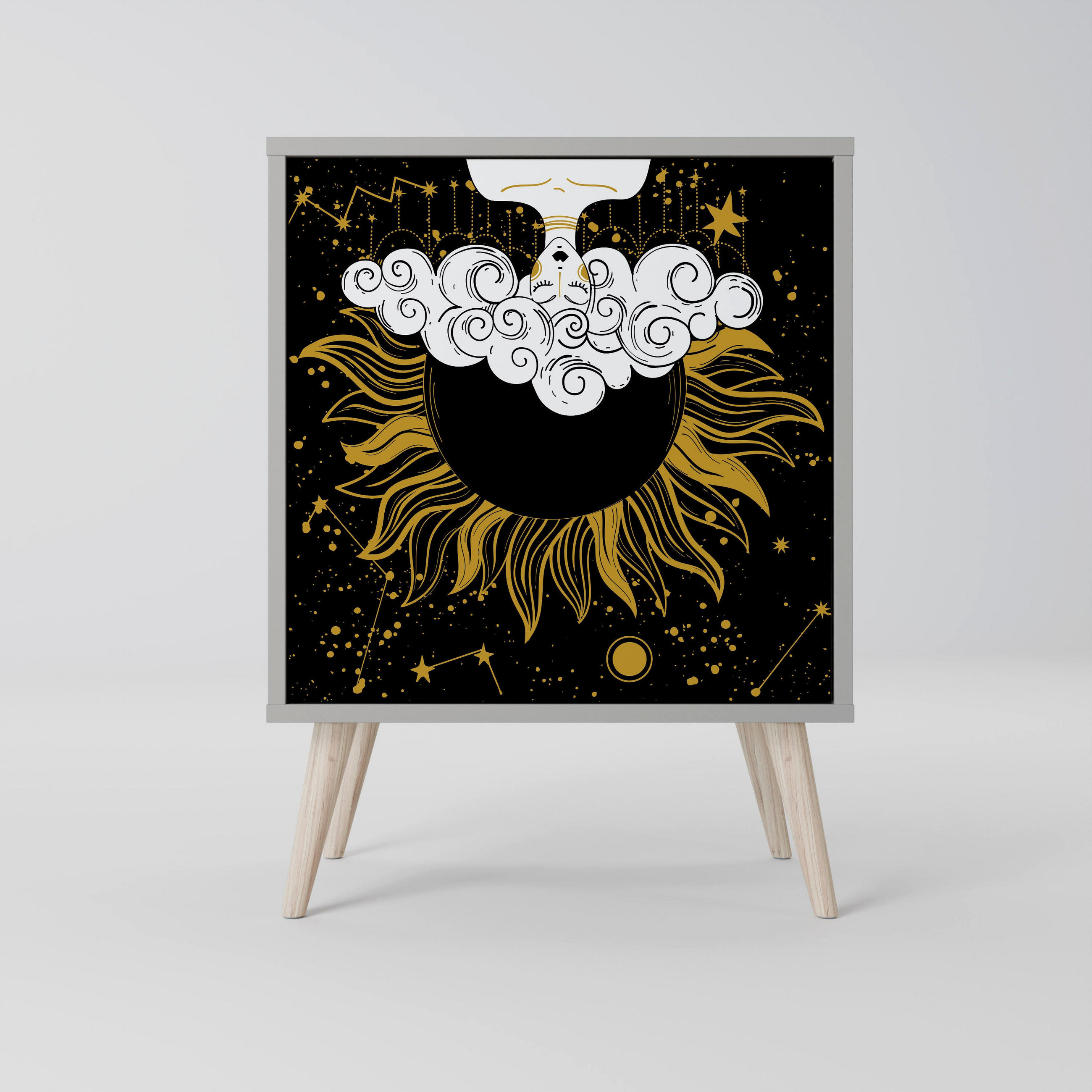 SIDEBOARD STELLAR CONSTELLATIONS, Grau, 57,5x42x77,5 cm, Schräge Buchenholzfüße - Buchefarben/Multicolor, Holzwerkstoff/Buchenholz (57.5/77.5/42cm) - SpaceRebels