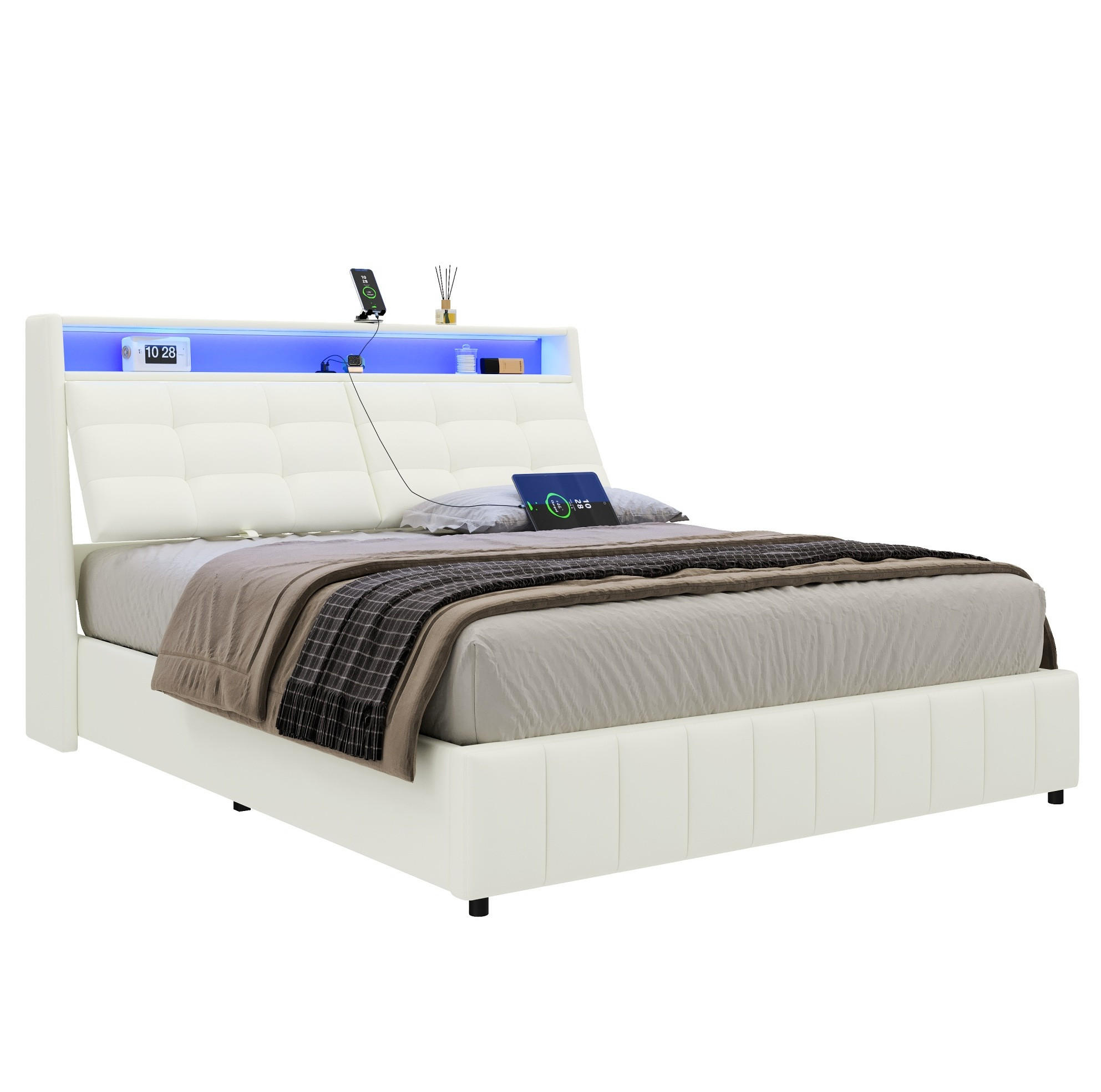 POLSTERBETT 160/200 cm Weiß aus MDF, Sperrholz und PU mit LED und USB - Weiß, Textil (160/200cm) - OKMYHOME
