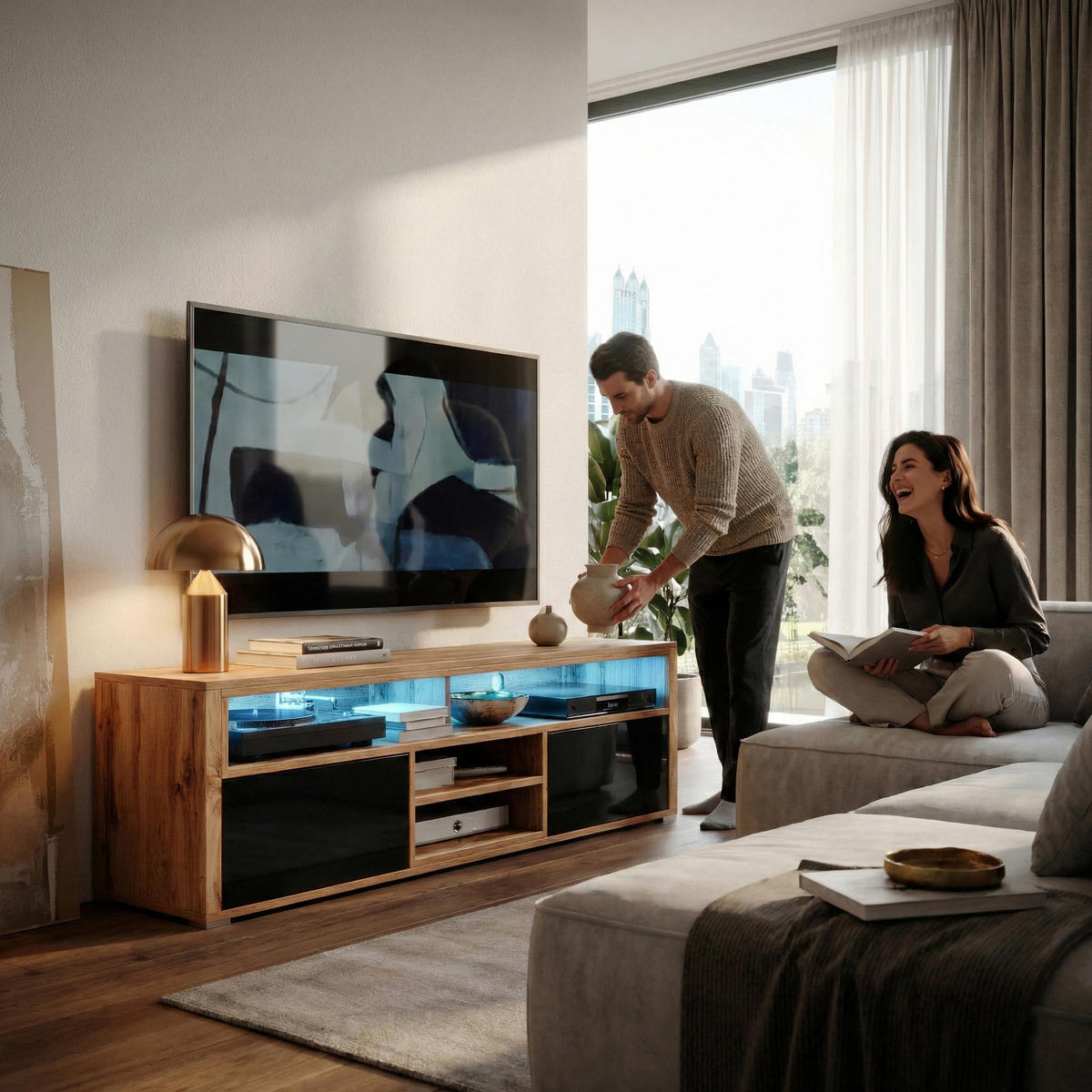 TV-ELEMENT Bella mit 2 Türen und offenem Regal, eiche Wotan+schwarz glänzend - Eichefarben/Schwarz, Holzwerkstoff (137/42.5/33cm) - Beautysofa