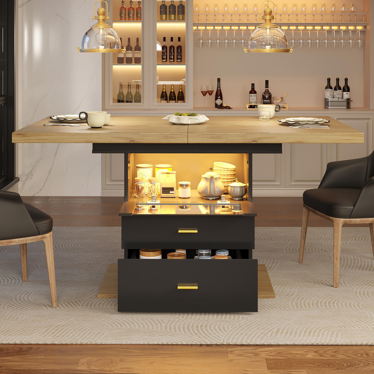 ESSTISCH 110-140x80x75 cm in Natur und Schwarz aus MDF mit LED-Beinen ausziehbar - Naturfarben, Holzwerkstoff (140/80/75cm) - Modfu