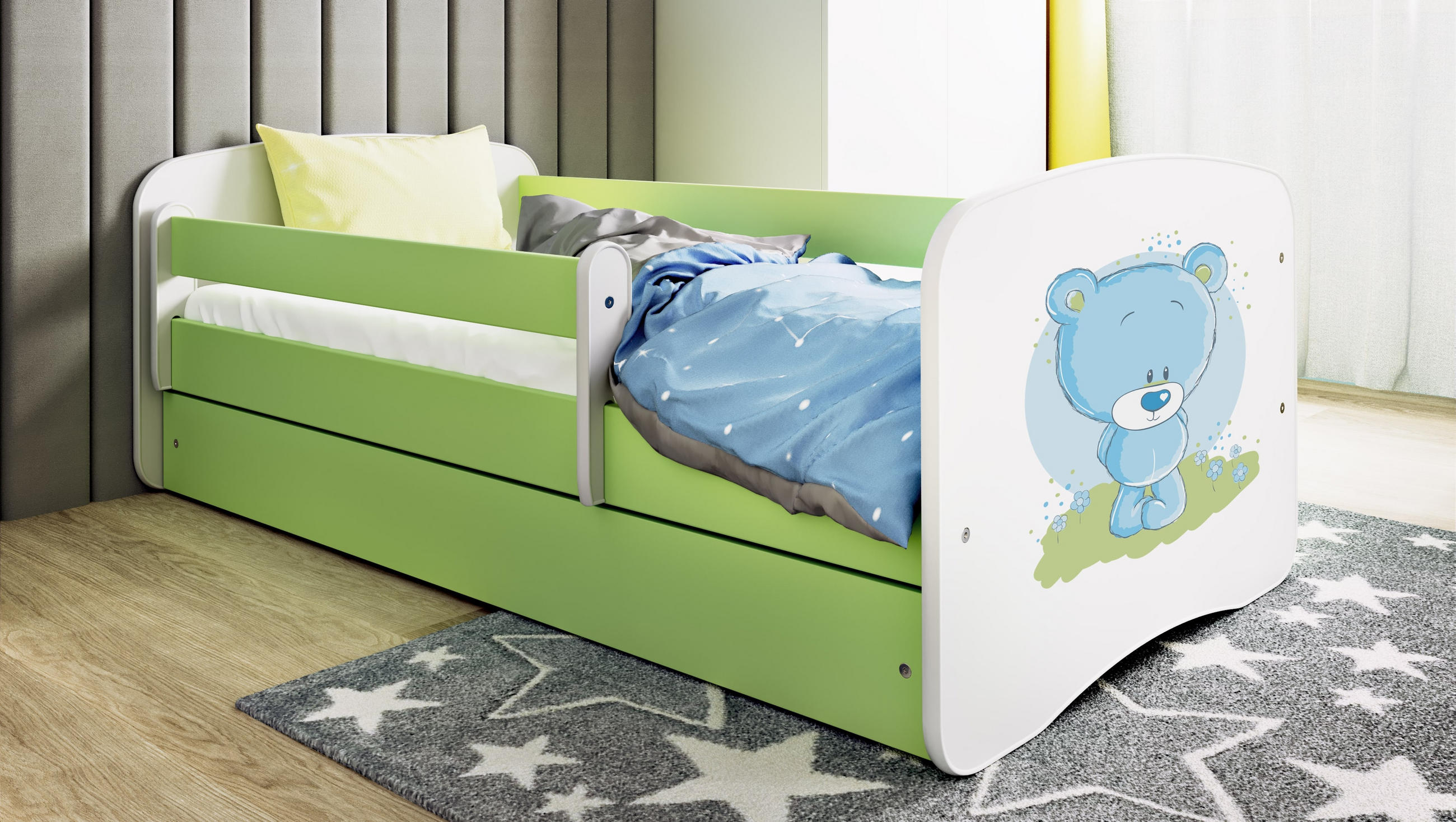 KINDERBETT blauer Teddybär Blumen mit Schublade 180/80 90/61/184 - Grün, Holzwerkstoff (90/180cm) - RAUMHIRSCH FURNITURE