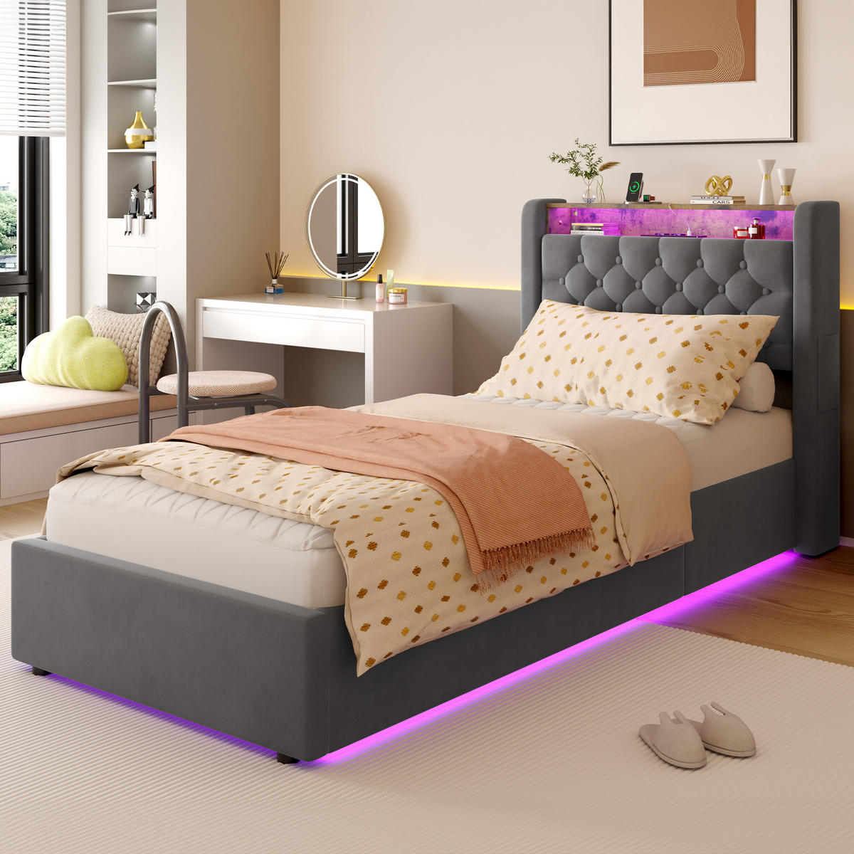 POLSTERBETT 90/190 cm in Dunkelgrau Samt mit Bettkasten, LED-Beleuchtung und USB-Anschluss - Dunkelgrau, Holzwerkstoff/Textil (90/190cm) - CHICFURN