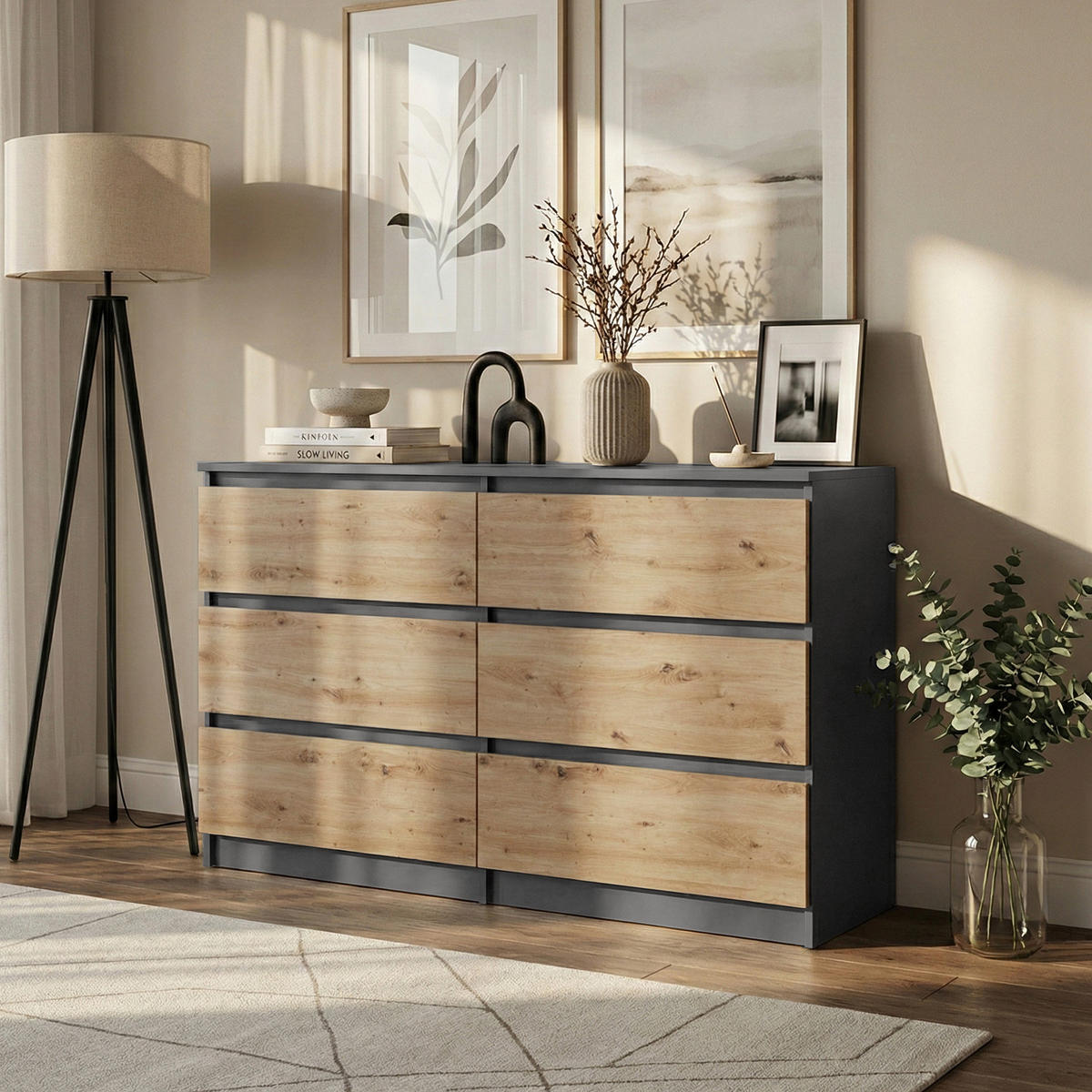 KOMMODE Lemon mit 6 Schubladen, 120 cm, Anthrazit+eiche Artisan - Anthrazit/Eiche Artisan, Holzwerkstoff (120/78/39cm) - Beautysofa