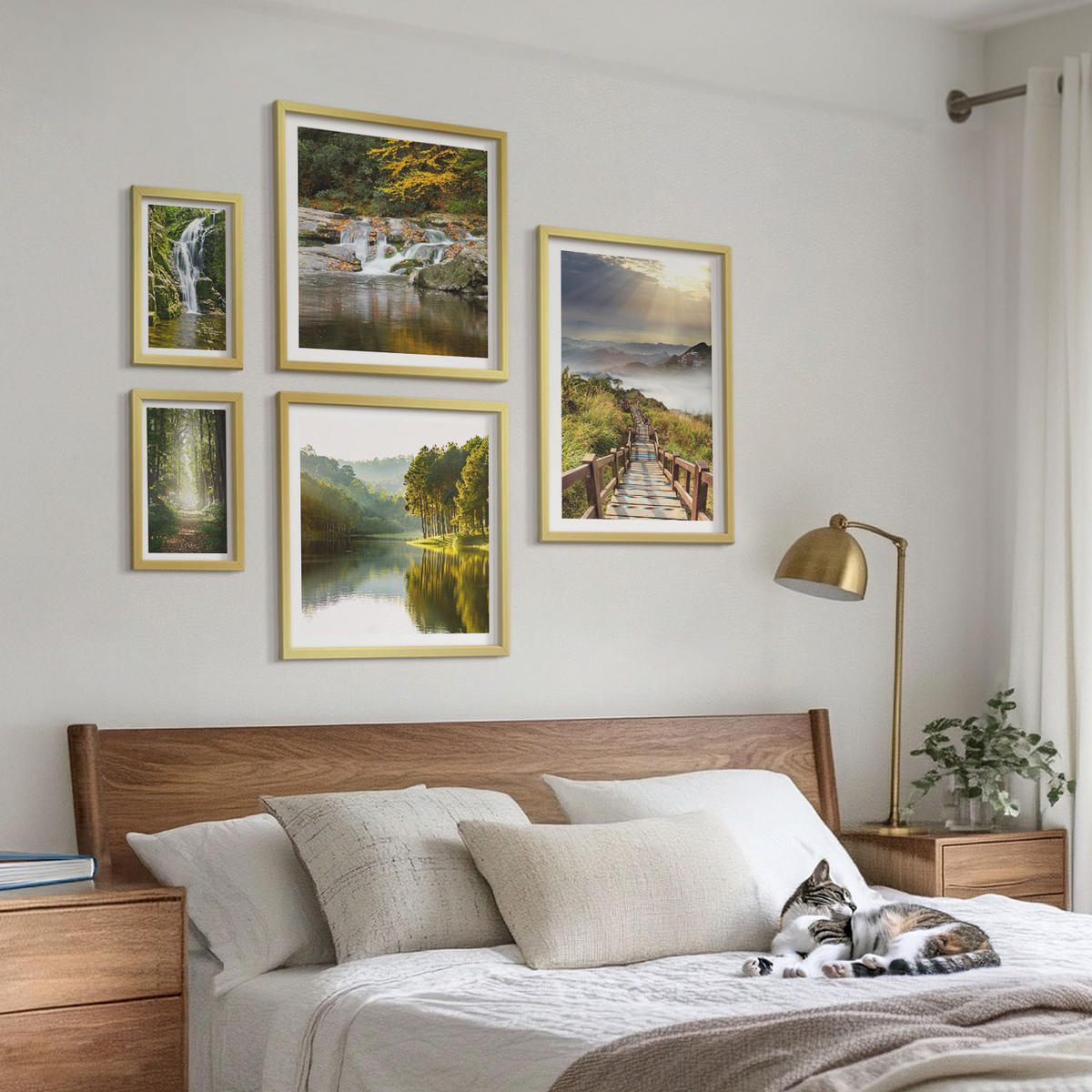 BILDER SET 5er Set - 50x50 cm & 20x30 cm & 40x60 cm Goldrahmen - Grüne Blätter von eleganten Sukkulenten - Goldfarben, Kunststoff (40/60cm) - TULUP
