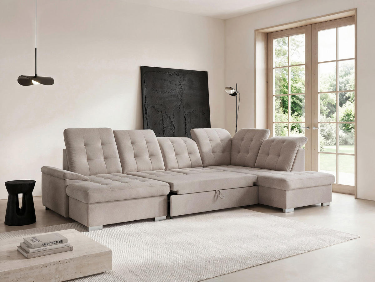 WOHNLANDSCHAFT ANON Ottomane Rechts, mit Schlaffunktion und Bettkasten, Beige - Beige, Kunststoff/Textil (322/87/220cm) - Idohome