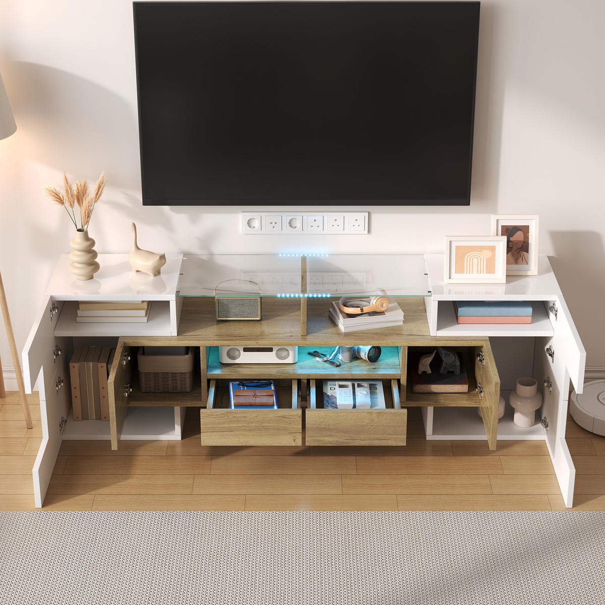 TV-SCHRANK Lowboard Hochglanz Weiß 145cm LED-Beleuchtung Gold Akzenten - Weiß, Holz (38/35/53.59cm) - FLIEKS