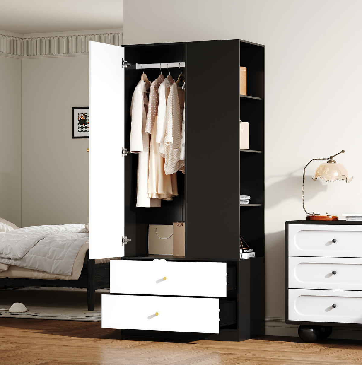 ŠATNÍK 40/80/180 cm biely a čierny z drevotriesky so zrkadlom, 2 zásuvkami a 4 policami - biela, kompozitné drevo (40/180/80cm) - OKWISH