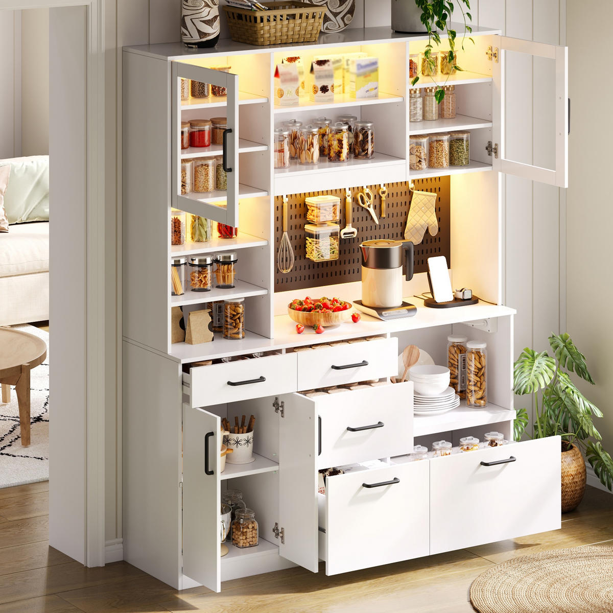 BUFFET 185 cm MDF Weiß mit RGB-LED, Lochplatte und Glasfront - Weiß, Holzwerkstoff (40/185/145cm) - Korfee