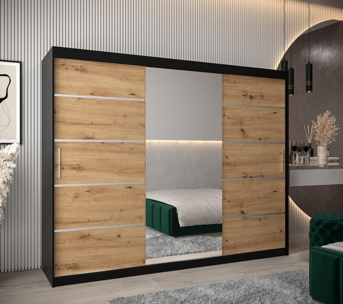 SCHWEBETÜRENSCHRANK 200/250/62 3-türig - Silberfarben/Schwarz, Holz/Kunststoff (250/200/62cm) - MÖBEL KRYSPOL