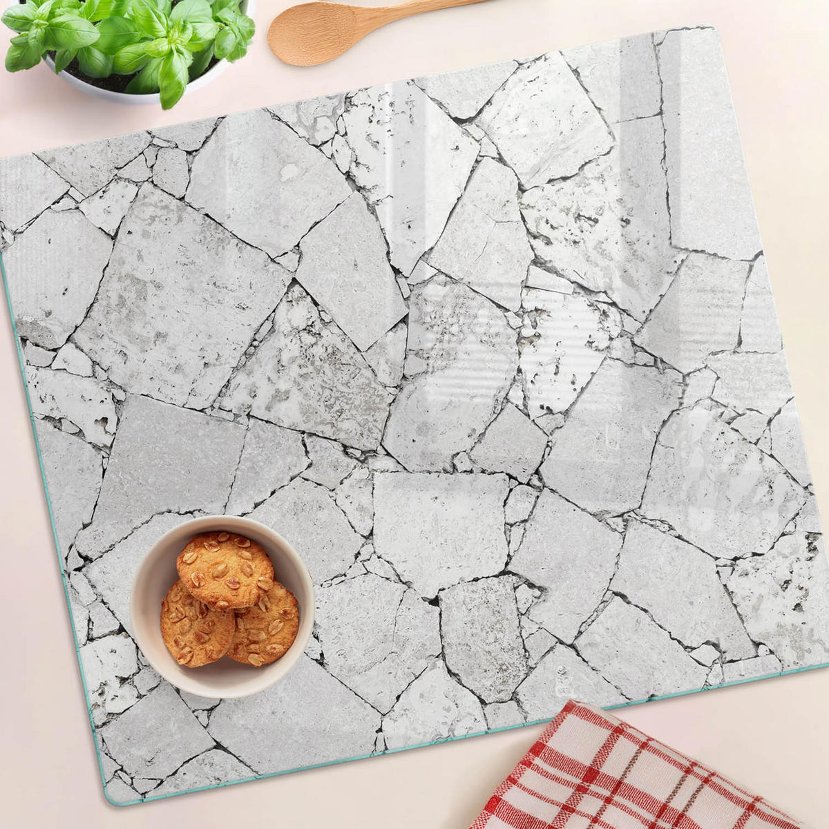 GLASPLATTE 60x52 cm Steinmauer - Weiß, Glas (60/0.4/52cm) - TULUP