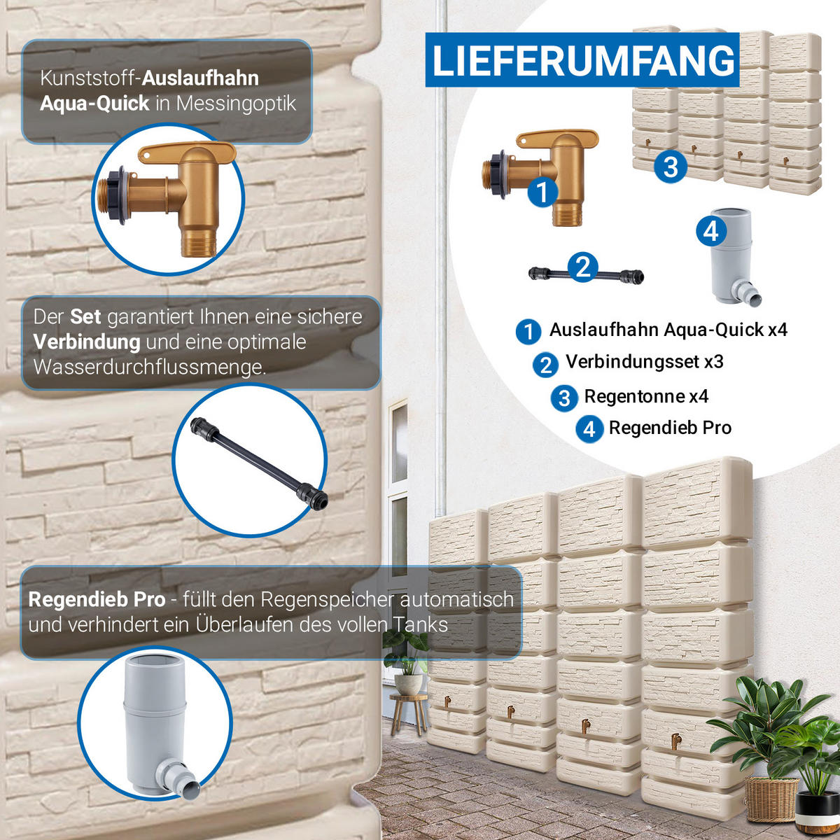WANDTANK Komplett-Set 1400 L sandbeige 4 x 350 L inkl. Verbindungsset, Kunststoff-Auslaufhahn und Fallrohranschluss - Beige, Kunststoff (270/184/39cm) - 4rain
