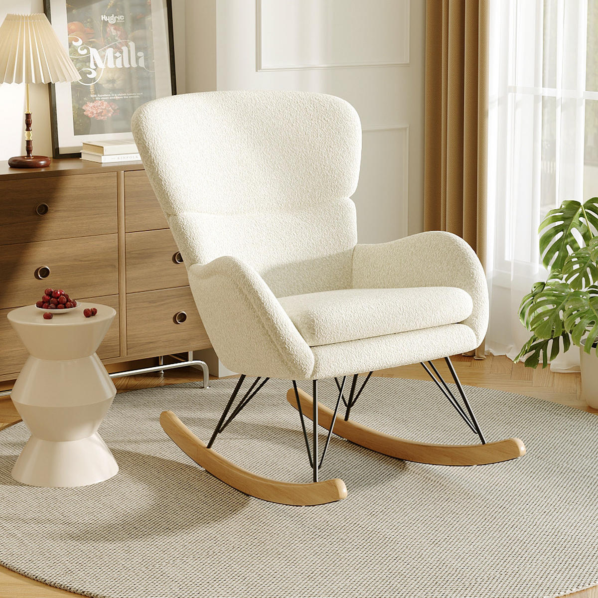 SCHAUKELSESSEL Sessel Armlehnen Eisenrahmen Fleece Cremefarbe Ergonomisch design Bewegung für Entspannung 98 x 73 x 103 cm - Creme, Holz/Textil (72/100.5/98cm) - Livingandhome