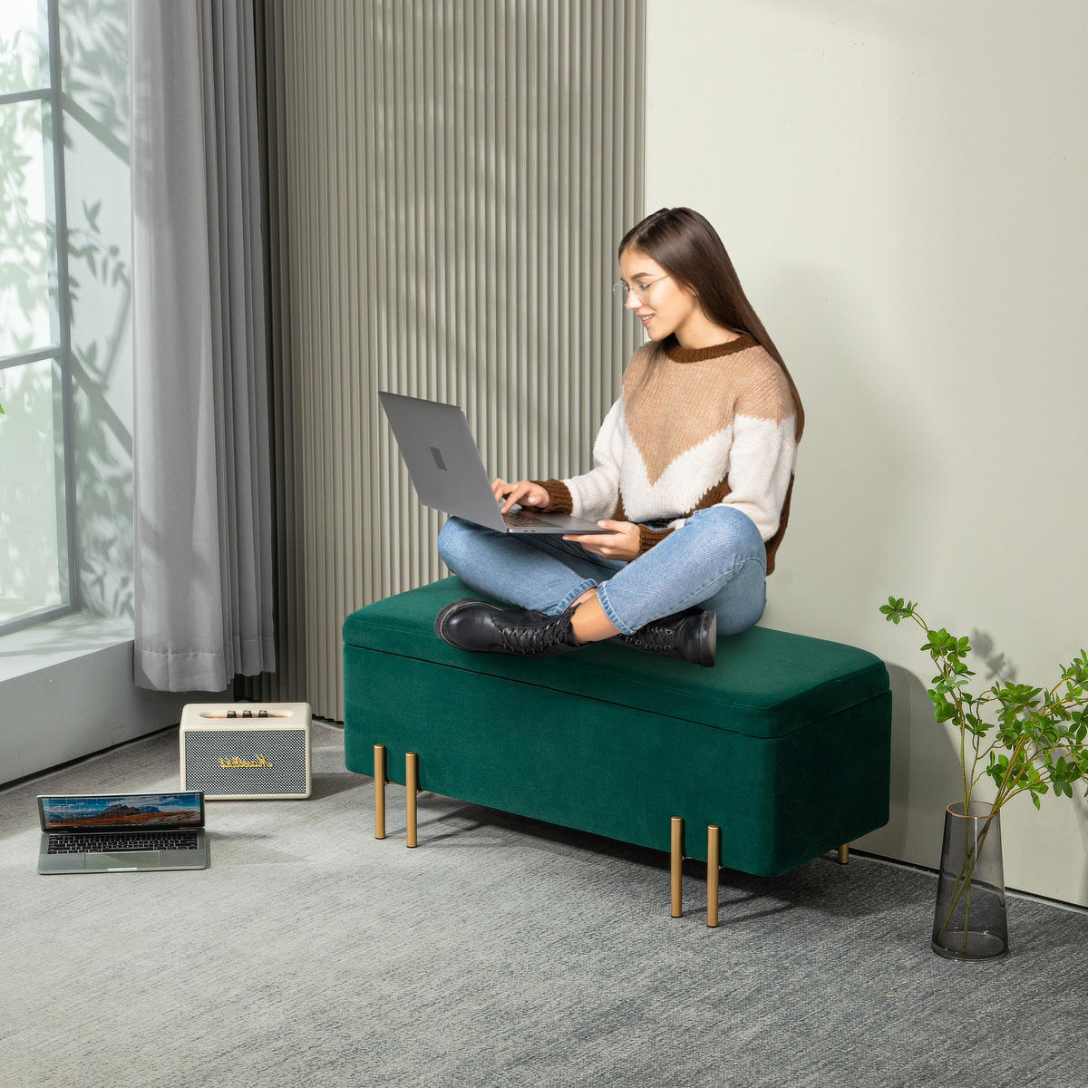 GEPOLSTERTE Sitzbank mit Stauraum, Metall, Kautschukholz, Schaumstoff Grün - Grün, Textil (40/42/100cm) - HOMCOM