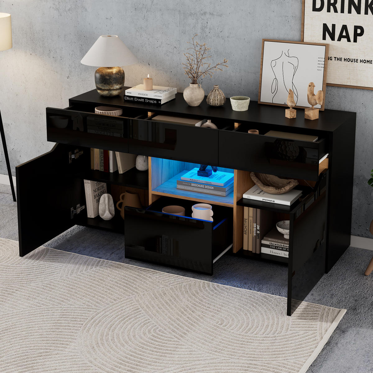 SIDEBOARD LED Schwarz Holz 4 Schubladen 2 Fächer 140x40x70cm - Schwarz, Holzwerkstoff (40/70/140cm) - FLIEKS
