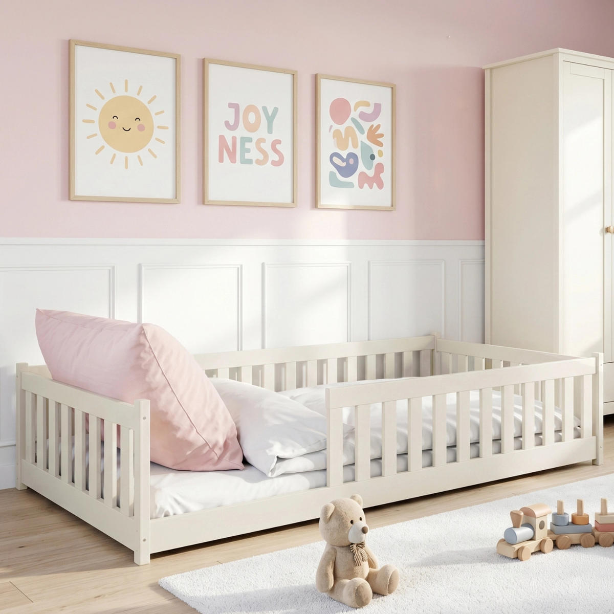 BODENBETT 120x200 cm in Baumwolle - Beige, Holz (120/200cm) - Kids Collective