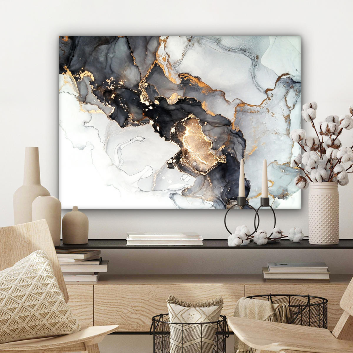 LEINWANDBILD Marmor - Schwarz - Weiß - Gold - Luxus - Abstrakt Wandbilder 80x60 cm - Goldfarben, Textil (80/60cm) - MuchoWow