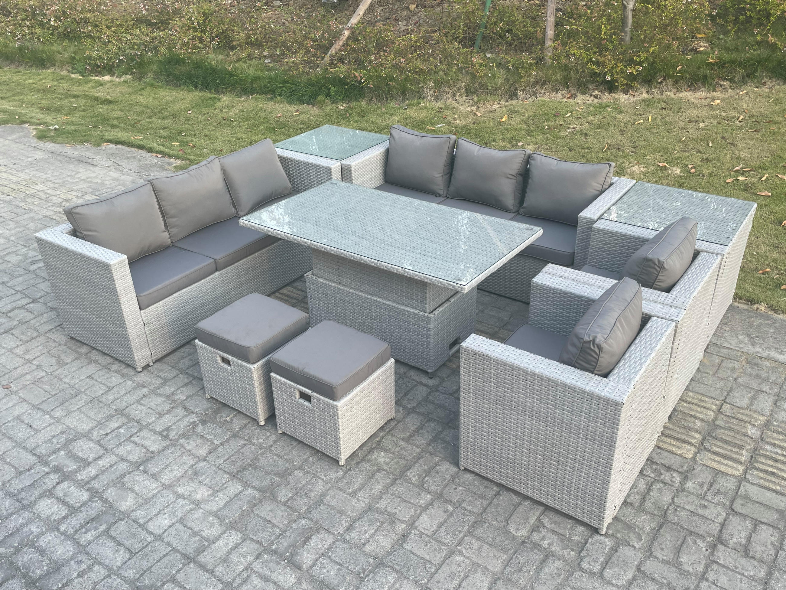GARTENMÖBEL SET Polyrattan Helles Grau 10-Sitzer - Hellgrau, Metall - Fimous