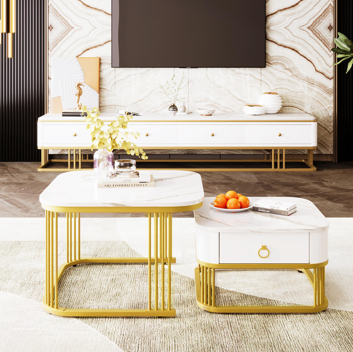 COUCHTISCH 60/60/45 cm + 50/50/34 cm weiß aus MDF mit Schublade - Weiß, Holzwerkstoff (60/60/45cm) - OKMYHOME