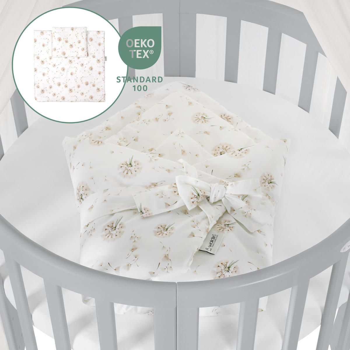 BABYBETT GREY OVAL 7in1 mit Matratze und Himmelset - Champagner/Grau, Holz/Textil