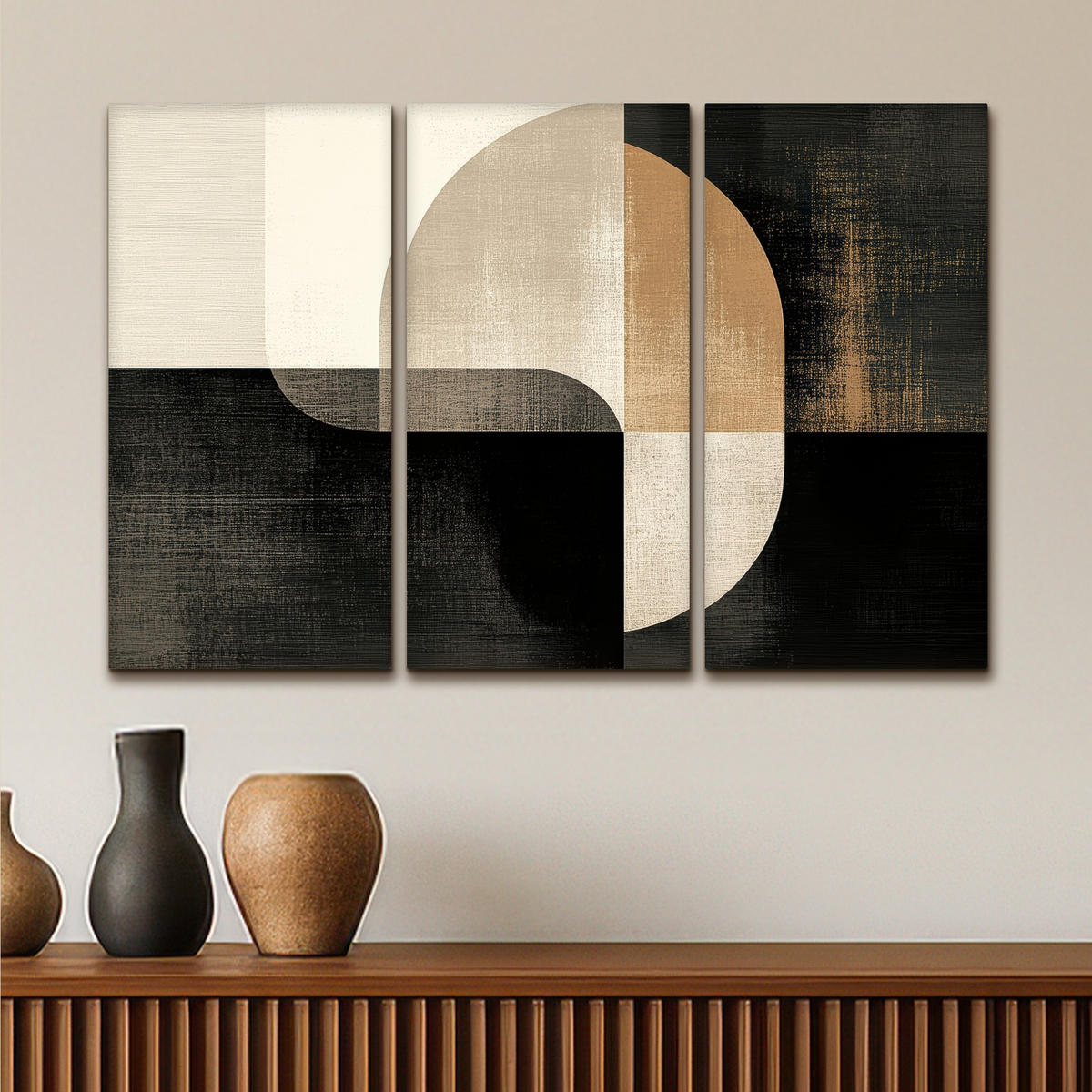 LEINWANDBILD 3er Set Formen - Abstrakt - Gold 90x60 cm - Schwarz, Textil (90/60cm) - MuchoWow