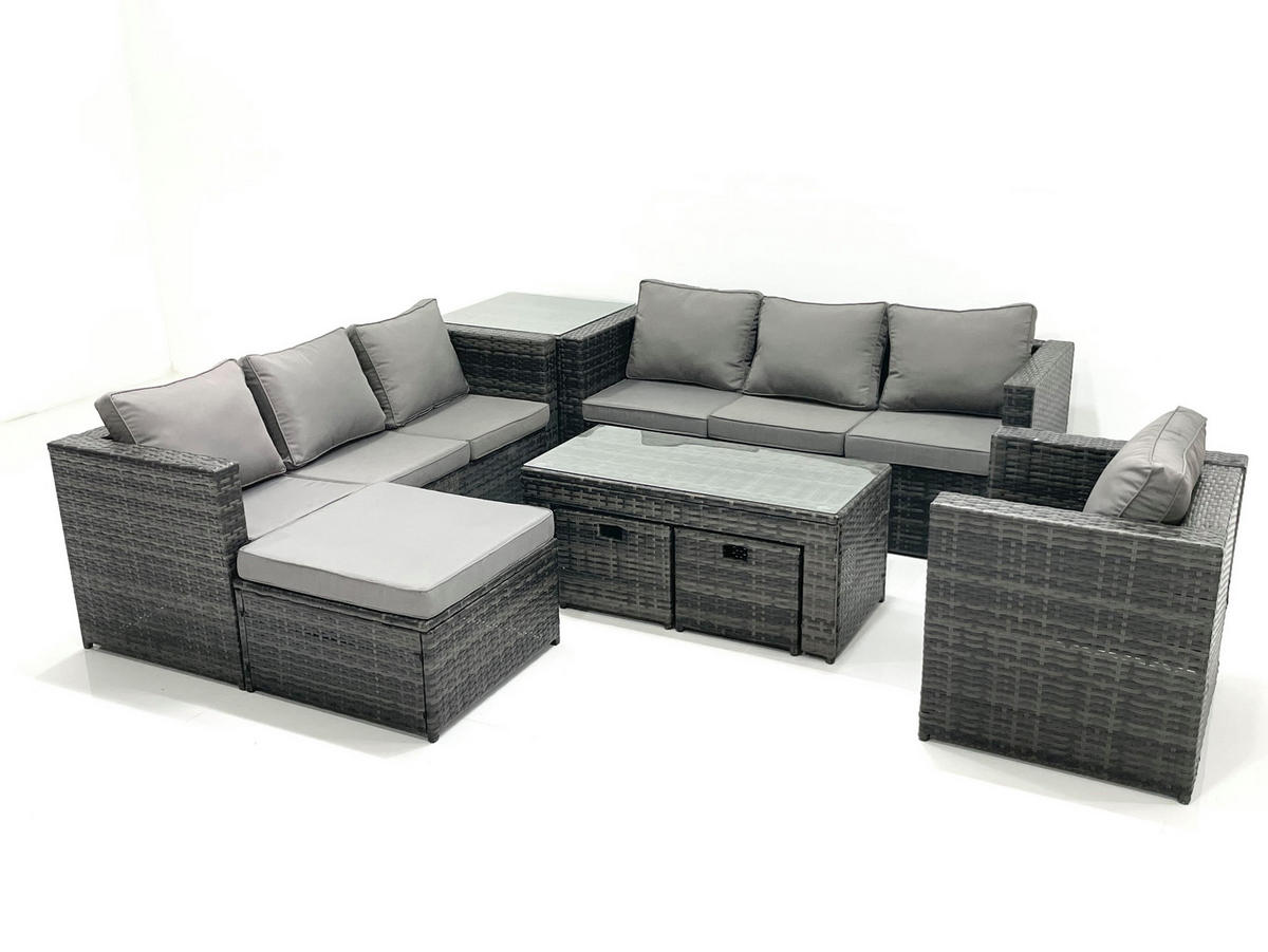 GARTENMÖBEL-SET COUCHTISCH SESSEL SOFA mit HOCKER Polyrattan Dunkelgrau Gemischt 10-Sitzer - Dunkelgrau/Grau, Glas/Kunststoff - Fimous