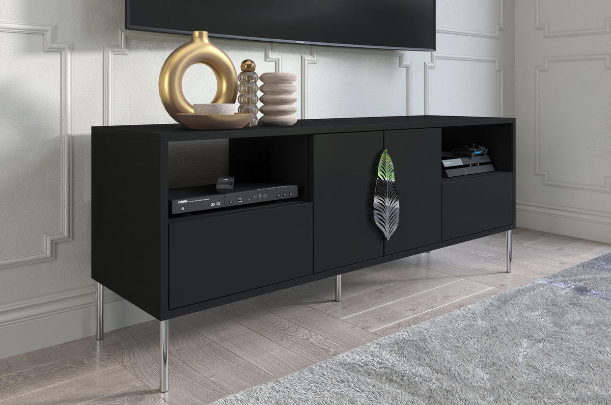 LOWBOARD Merlin, Schwarz, Silberne Details - Silberfarben/Schwarz, Holzwerkstoff/Metall (138/60/40cm) - Skandica