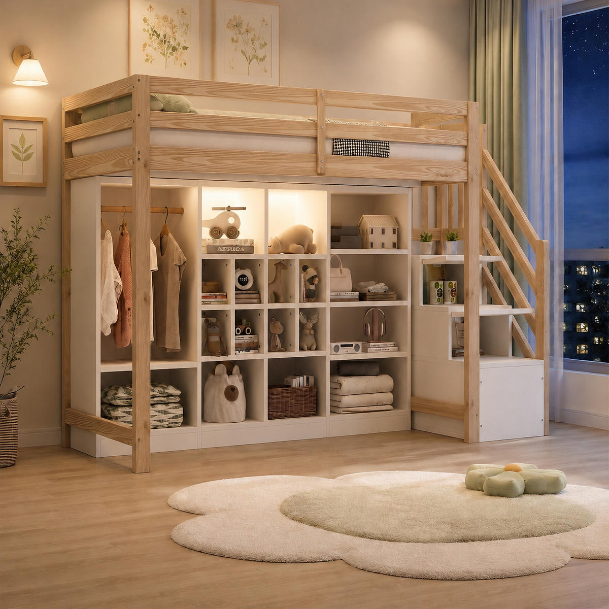HOCHBETT 90x200cm Holz Stauraum LED Kleiderschrank - Multicolor, Holz (90/200cm) - FLIEKS