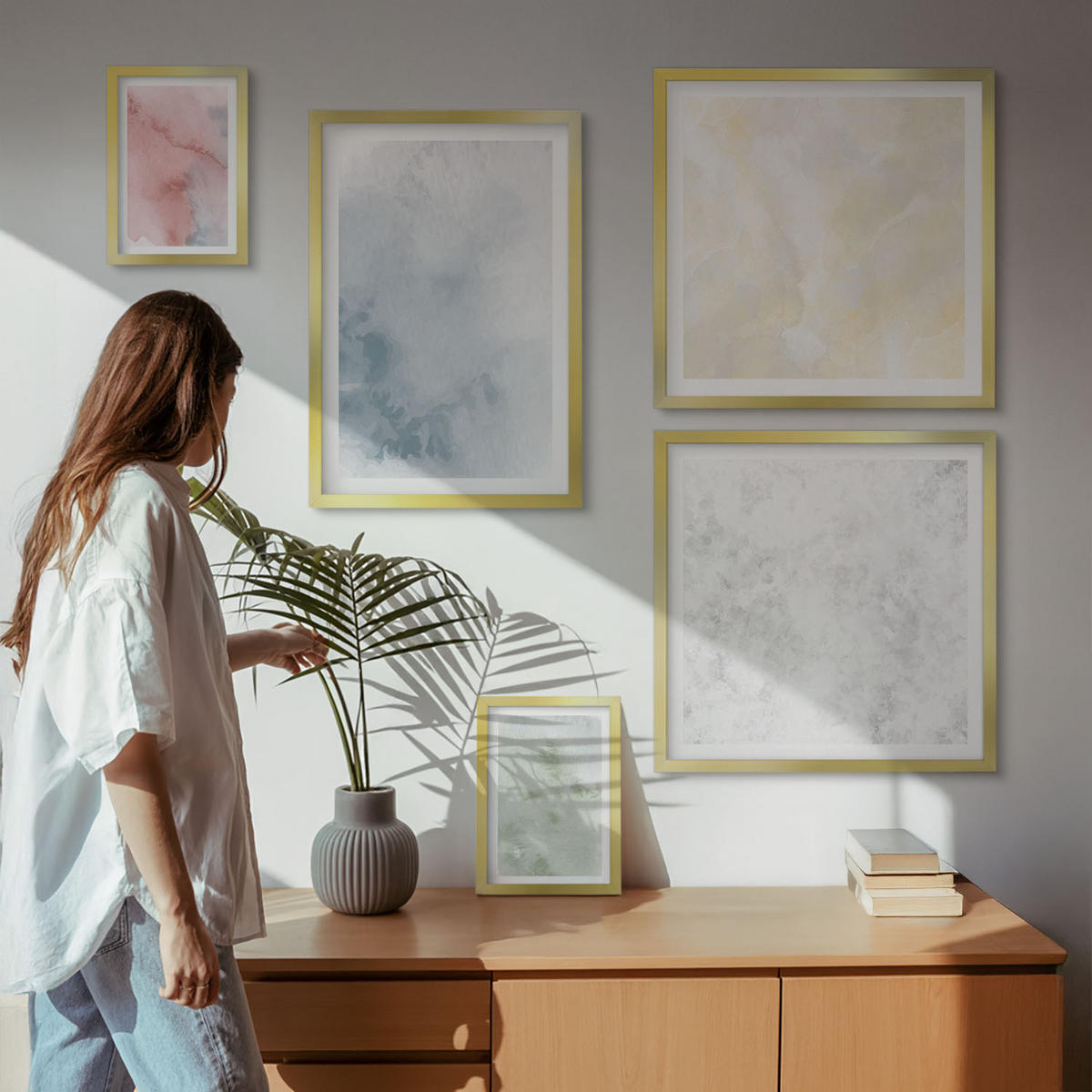 BILDER SET 5er Set - 50x50 cm & 20x30 cm & 40x60 cm Goldrahmen - Aquarellfarben in Pastellfarben - Goldfarben, Kunststoff (40/60cm) - TULUP