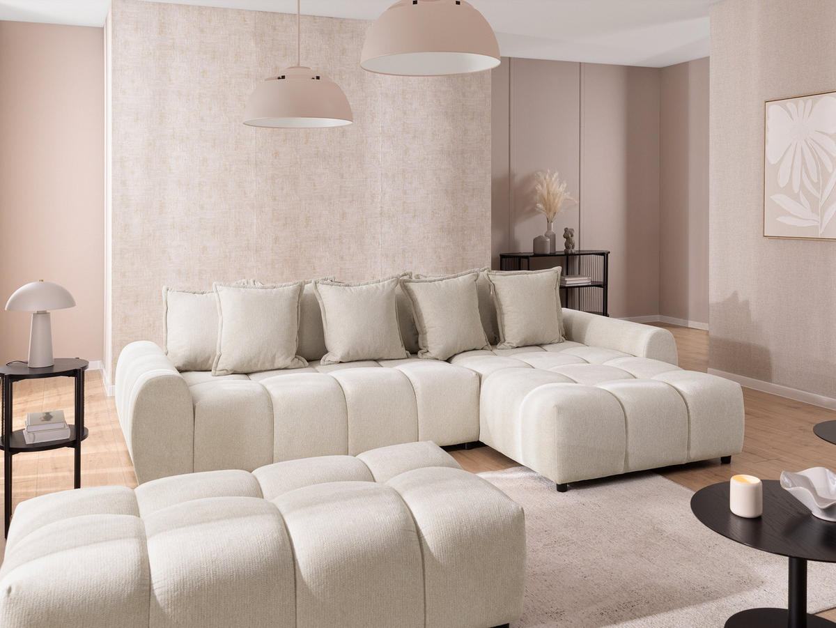 ECKSOFA inkl. Hocker Bubble mit Schlaffunktion und losen Rückenkissen, Sitzfläche Bubble-Optik aus weichem Hellbeige Strukturstoff - Ottomane Rechts - Beige/Schwarz, Holz/Kunststoff (306/180cm) - S-Style Möbel