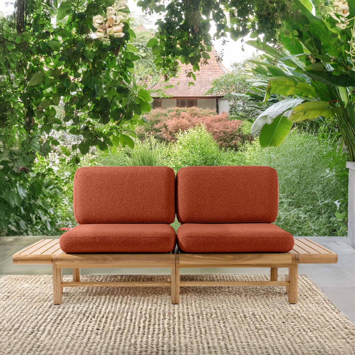 GARTENSOFA ATREDA 2-Sitzer, mit beideseitig Ablagen - Orange, Holz/Textil (190/74/80cm) - KONSIMO®