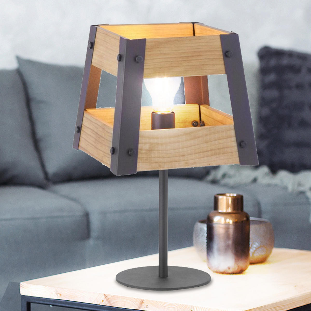 TISCHLEUCHTE CRATE Braun Schwarz Holz Eisen - Braun, Holz (23/23/40cm)