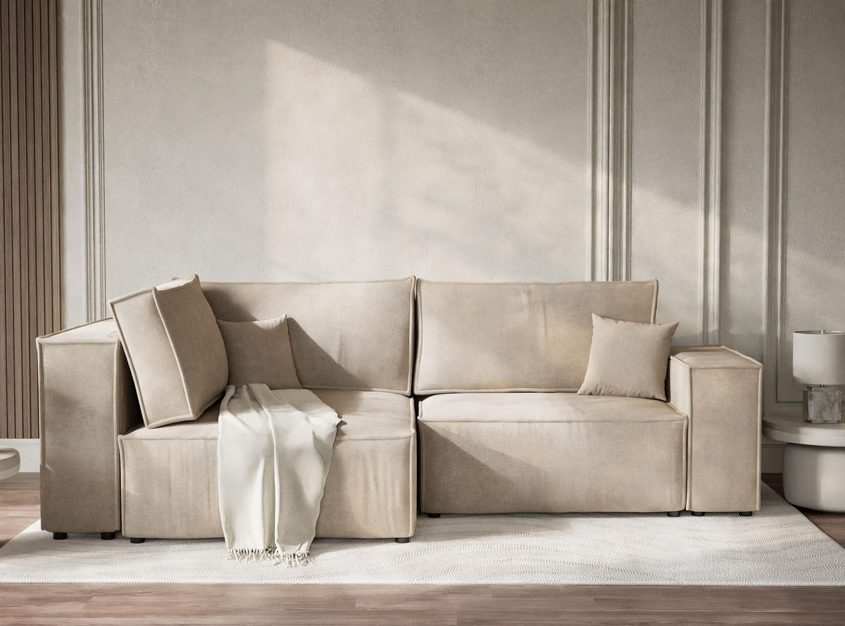 ECKSOFA MIT SCHLAFFUNKTION Tonga Beige Webstoff - Beige/Schwarz, Holz/Holzwerkstoff (105/225cm) - Maison de Reve