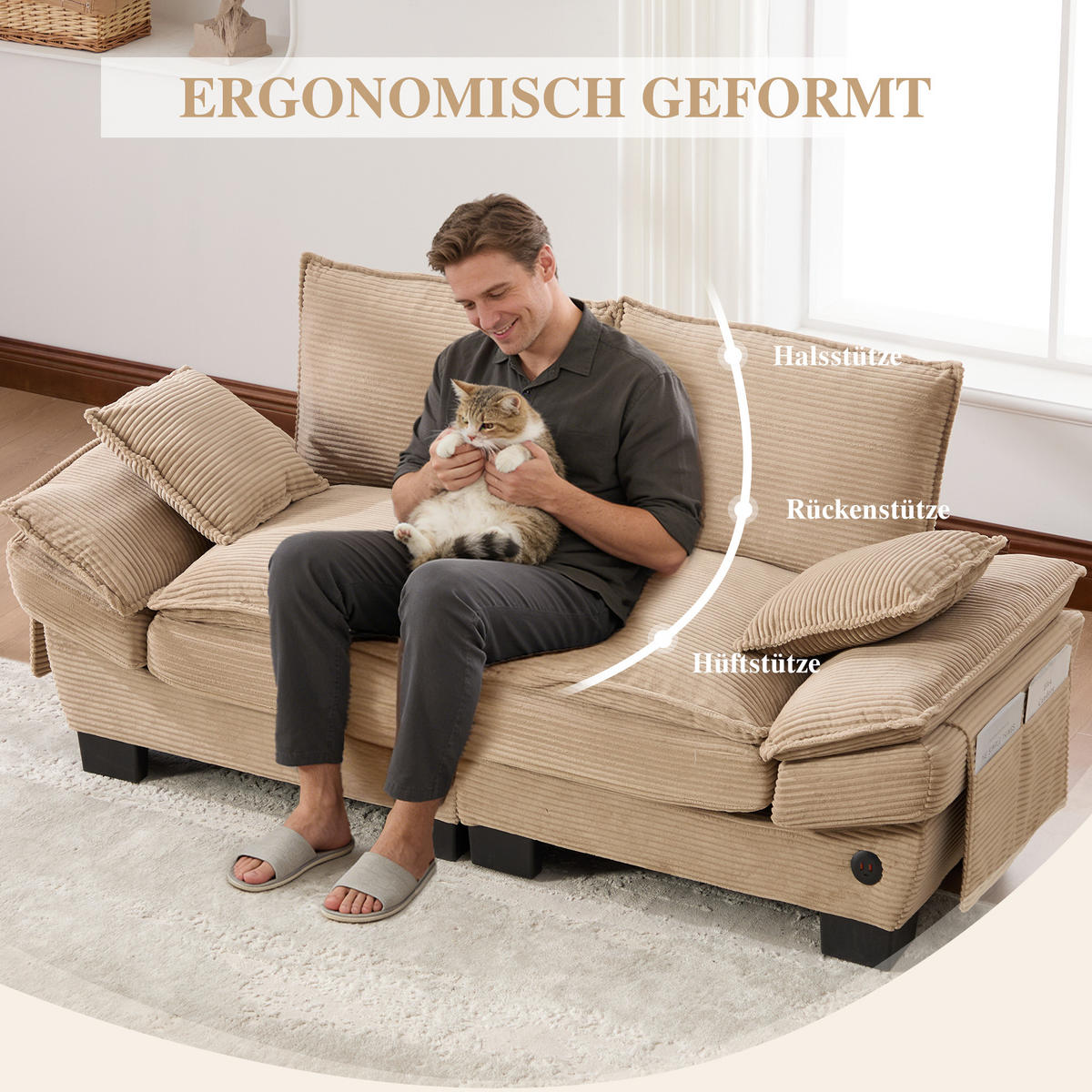 2-SITZER SOFA Cord Khaki mit USB-C und Seitentaschen - Hellbraun, Holzwerkstoff/Kunststoff (190/84/73cm) - WISHDOR
