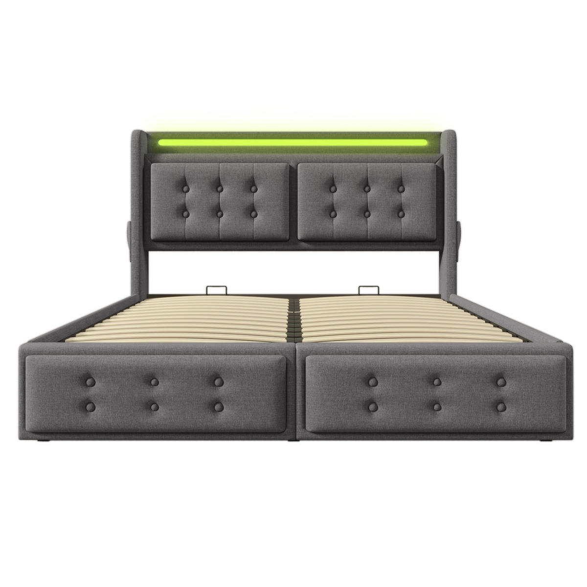 POLSTERBETT 160/200 cm mit LED-Kopfteil, Steckdose, USB-C und Bettkasten aus Baumwoll-Leinenstoff, Grau - Grau, Textil (160/200cm) - Redom