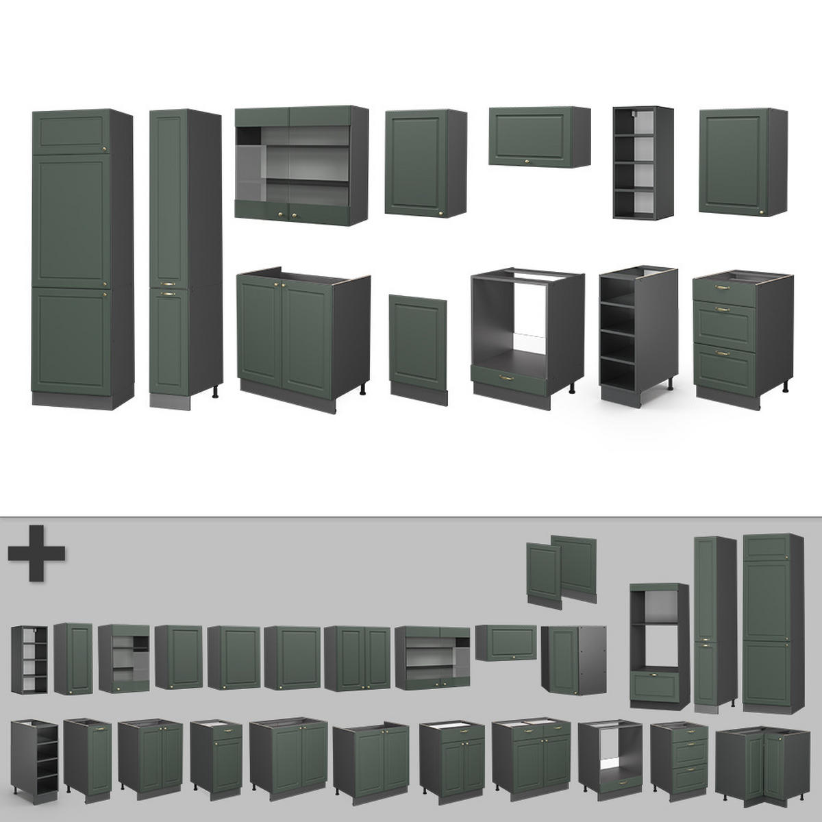 KÜCHENZEILE Fame-Line Grün-Gold Landhaus/Anthrazit 355 cm, AP Marmor - Anthrazit/Grün, Holzwerkstoff (355/81.6/60cm) - Vicco