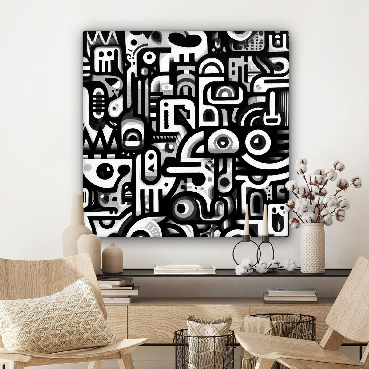 LEINWANDBILD Symbole - Abstrakt - Grafik - Schwarz Deko Groß 90x90 cm - Schwarz, Textil (90/90cm) - MuchoWow